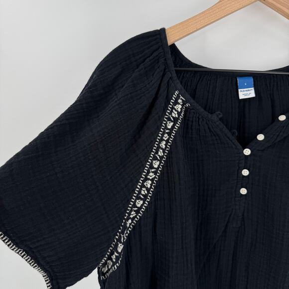 Old Navy Flutter Sleeve Cotton Blouse Black Embroidered Flowy Size L Large - Picture 4 of 8